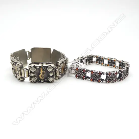 2 VINTAGE SILVER BRACELETS, MARCASITE & GARNET & TURKISH SOUVENIR