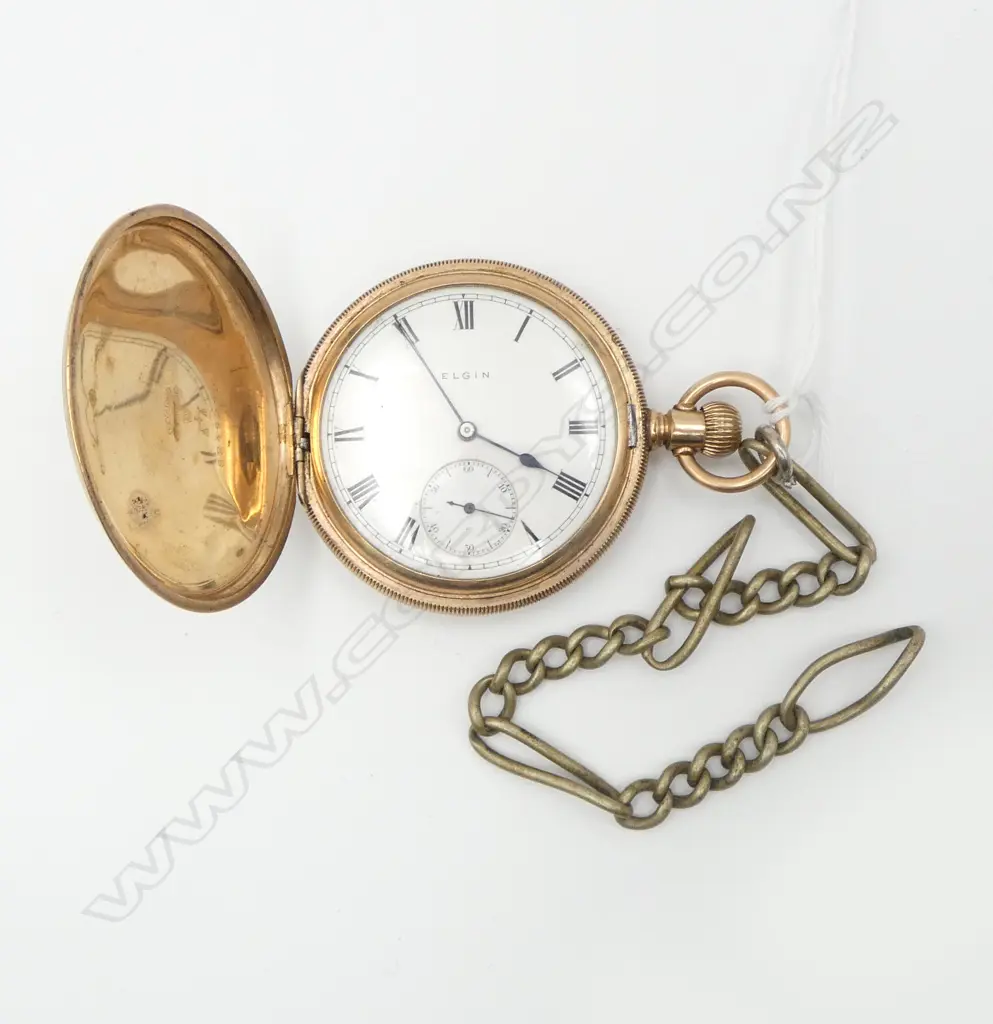 GOLD PLATED c.1900 ELGIN HUNTER FOB WATCH running WITH short chain  Image 1++