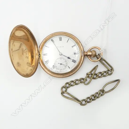 GOLD PLATED c.1900 ELGIN HUNTER FOB WATCH running WITH short chain 