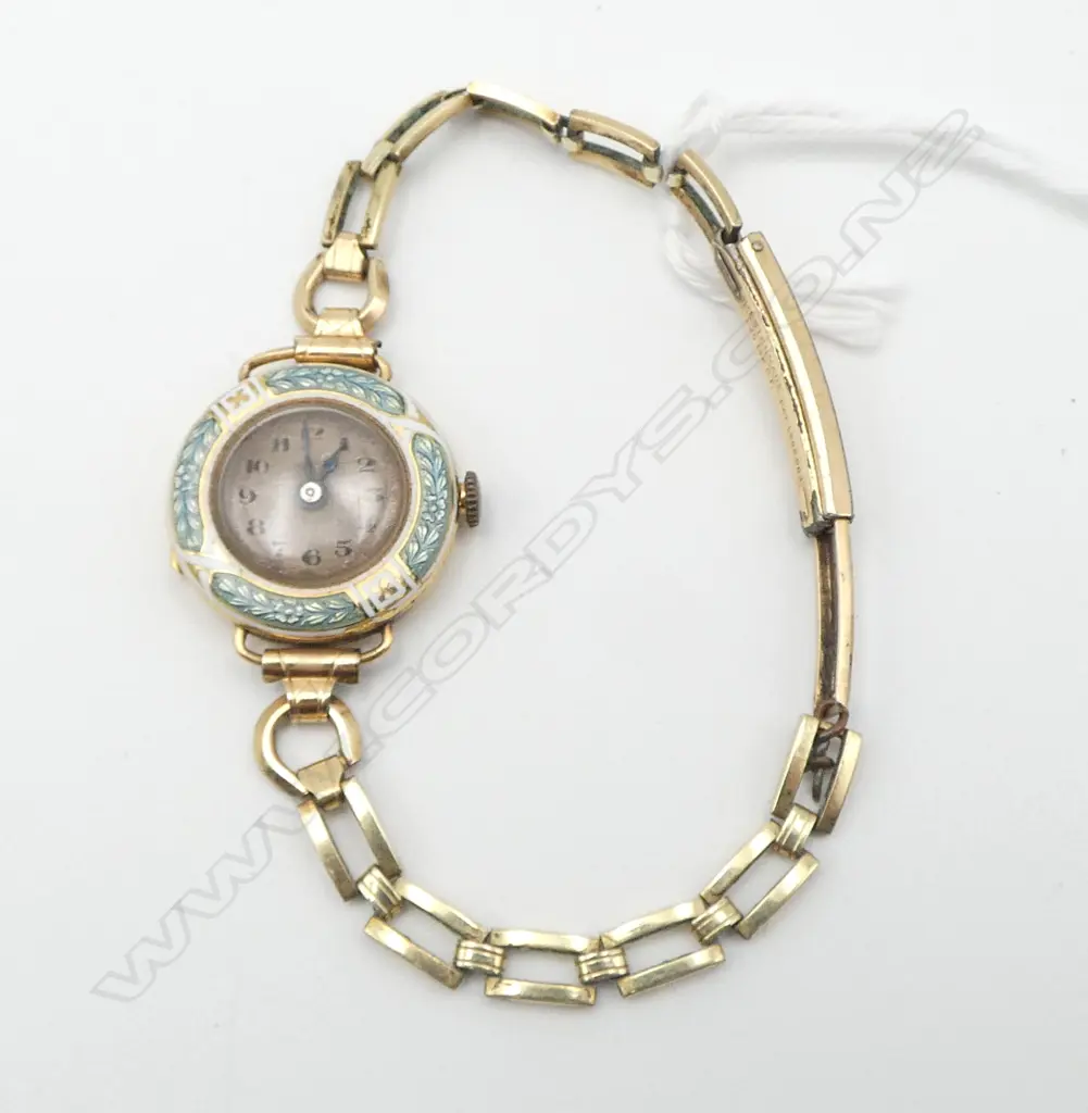 9ct YELLOW GOLD EARLY 20thC ladies WRISTWATCH enamel framed front cover plated strap Image 1++