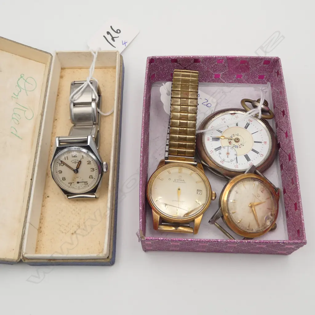 4 OLD WATCHES: Rotary gent's mid-size in box running + Cyma running hands loose + Eternamatic running no strap + other   Image 1++