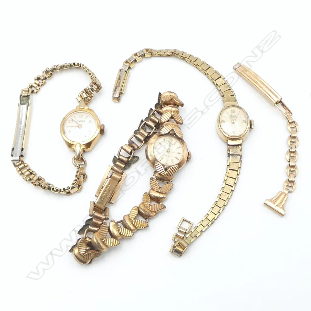 3 VINTAGE LADIES WRISTWATCHES (not gold & not working) & 14CT ROSE GOLD PART WATCH STRAP 3.79gms Image 1++