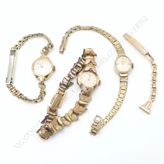 3 VINTAGE LADIES WRISTWATCHES (not gold & not working) & 14CT ROSE GOLD PART WATCH STRAP 3.79gms
