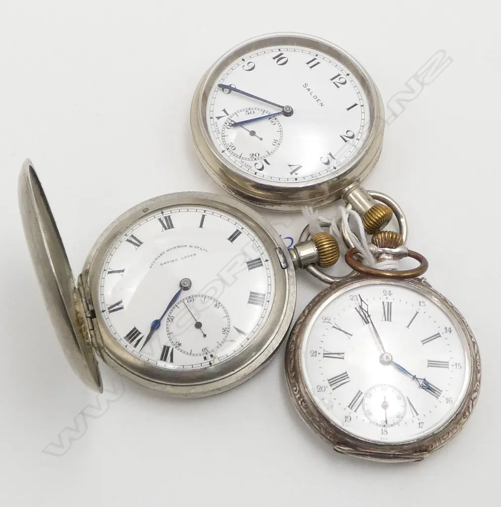 3 POCKET WATCHES 2 PLATED GENT'S : Salden + 'Stewart Dawson & Co. Ltd. Empire Lever' + European silver case. All running Image 1++