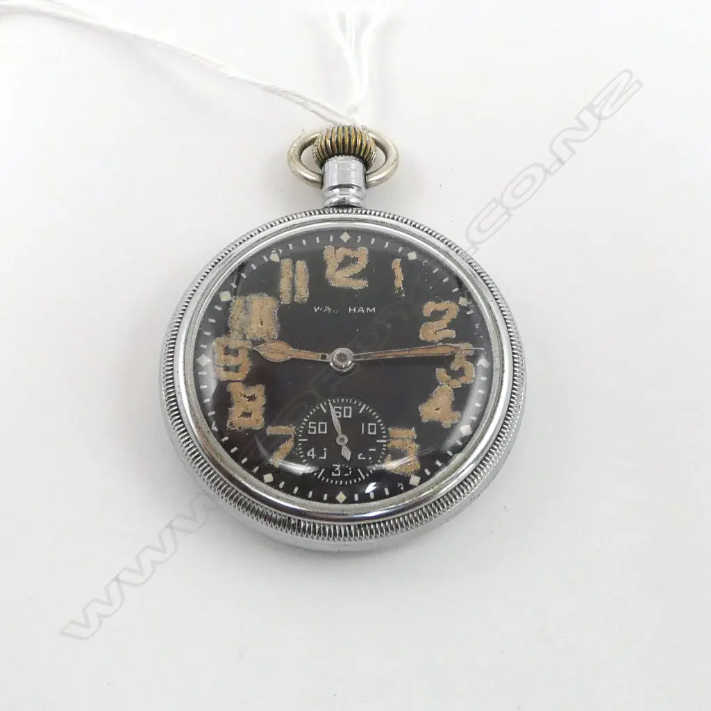 WALTHAM MILITARY MARKED POCKET WATCH open face black dial. Running Image 1++