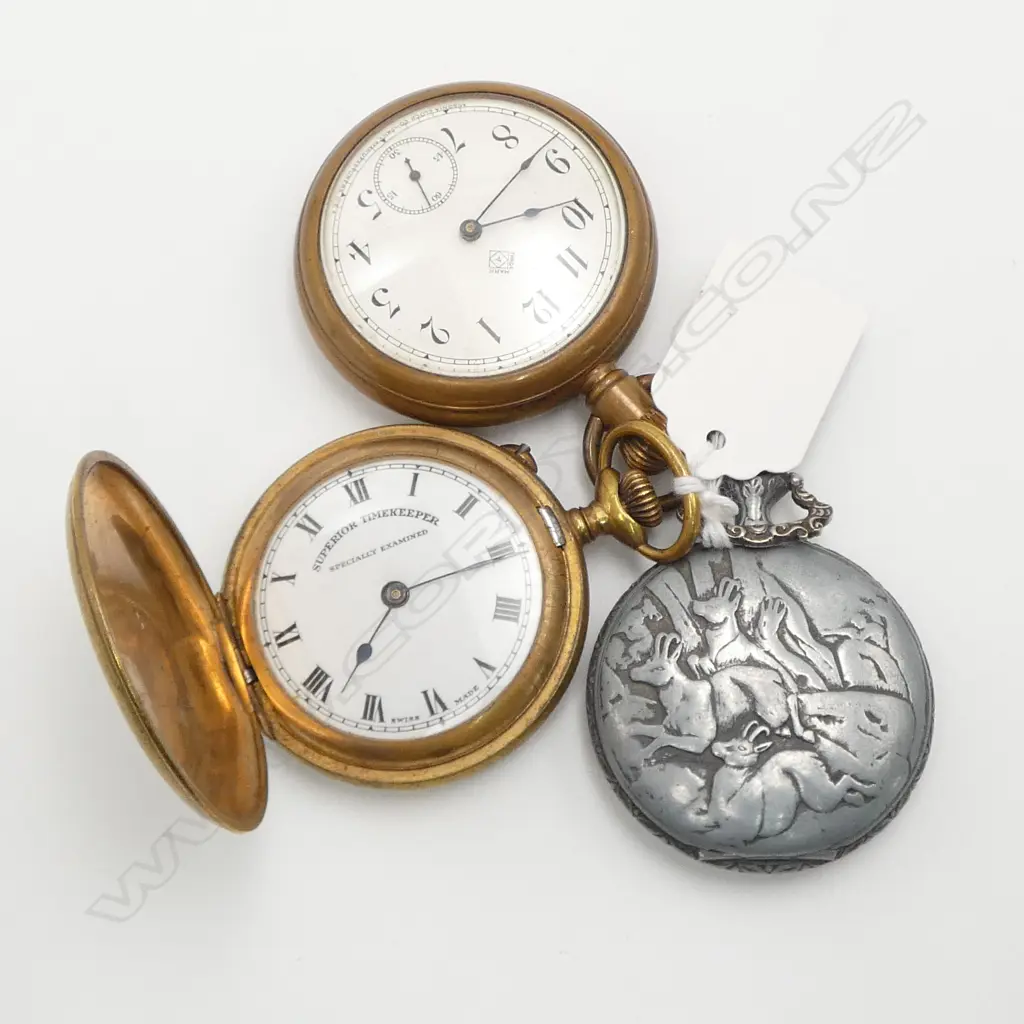 3 PLATED GENT'S POCKET WATCHES: 'Superior Timekeeper' + 'Ansonia' + 'Elgin'. All running Image 1++