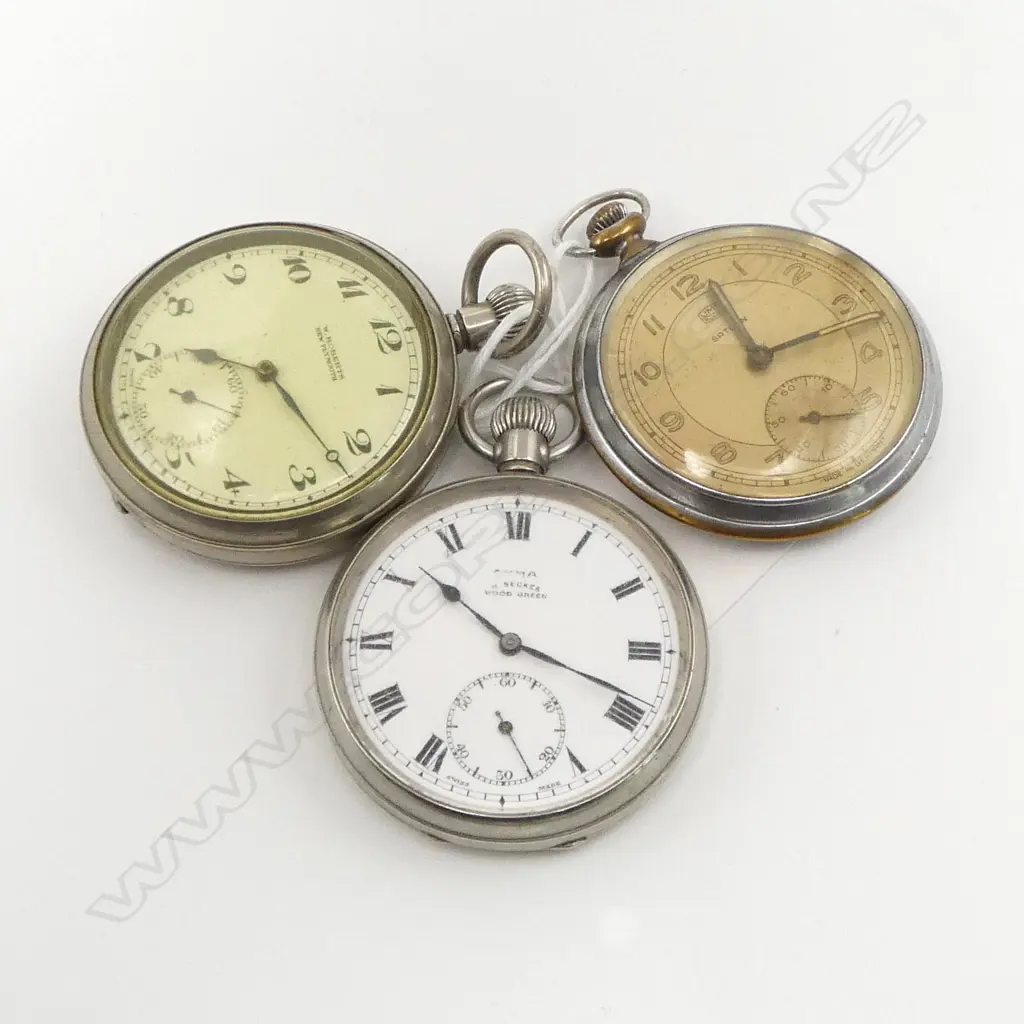 3 PLATED GENT'S POCKET WATCHES: 'CYMA' + 'UMF RUHLA SATURN' + 'W. ROBERTS NEW PLYMOUTH'.  All running Image 1++