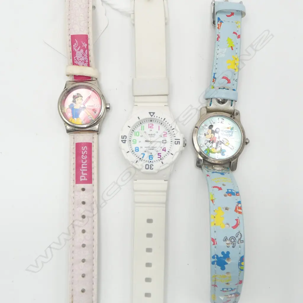 3 GIRLS WRISTWATCHES MICKEY MOUSE SNOW WHITE  & CASIO WHITE STRAP Image 1++