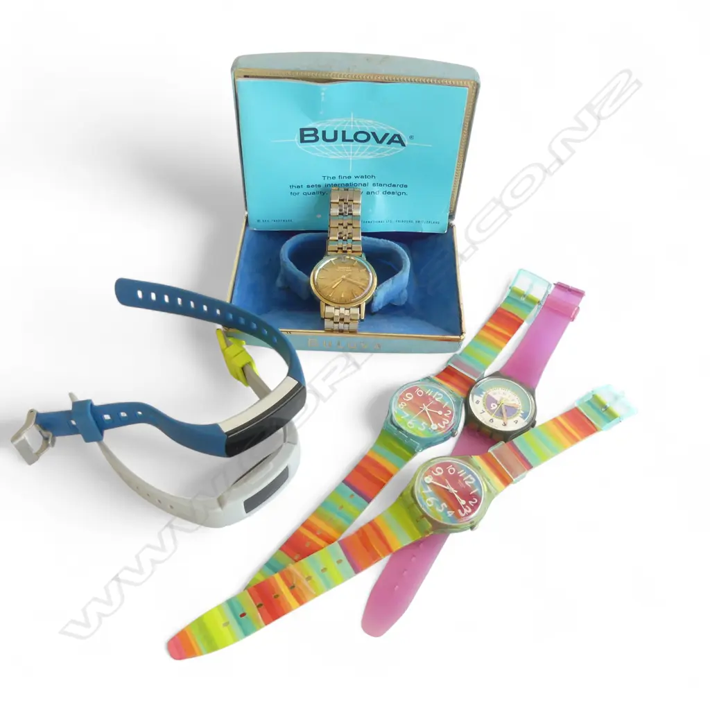 6 WRIST WATCHES; 3 SWATCH, 2 FITNESS, BULOVA ACCUTRON (CASED) Image 1++