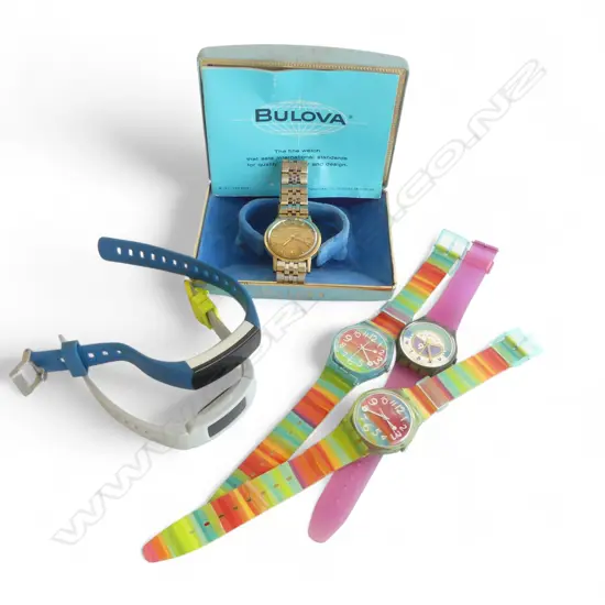 6 WRIST WATCHES; 3 SWATCH, 2 FITNESS, BULOVA ACCUTRON (CASED)