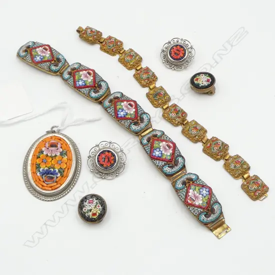 5 PCES MICRO MOSAIC JEWELLERY; 2 BRACELETS, 2 PRS EARRINGS, PENDANT 45x35mm