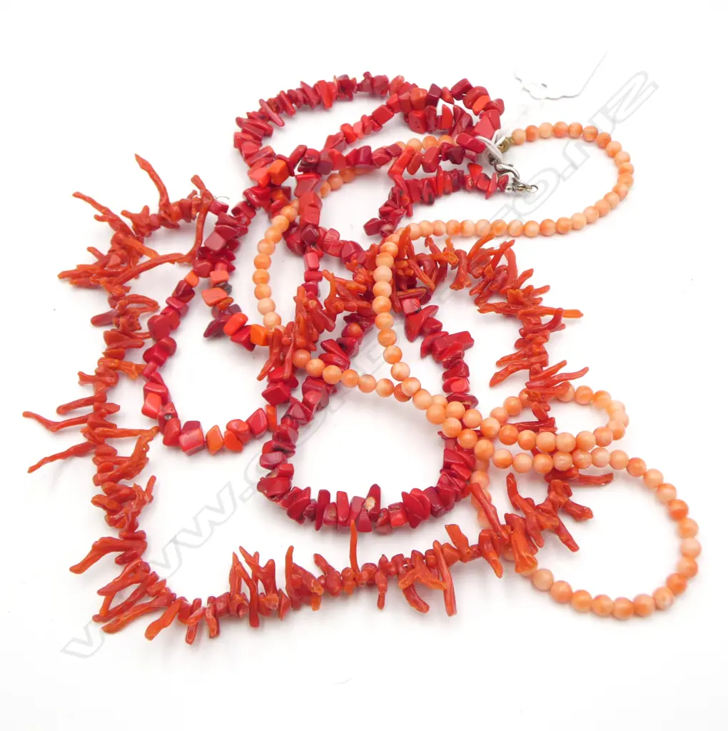 3 CORAL NECKLACES, 2 RED BRANCH, L.400, 800mm & ANGEL SKIN BEAD ? , L.600mm Image 1++