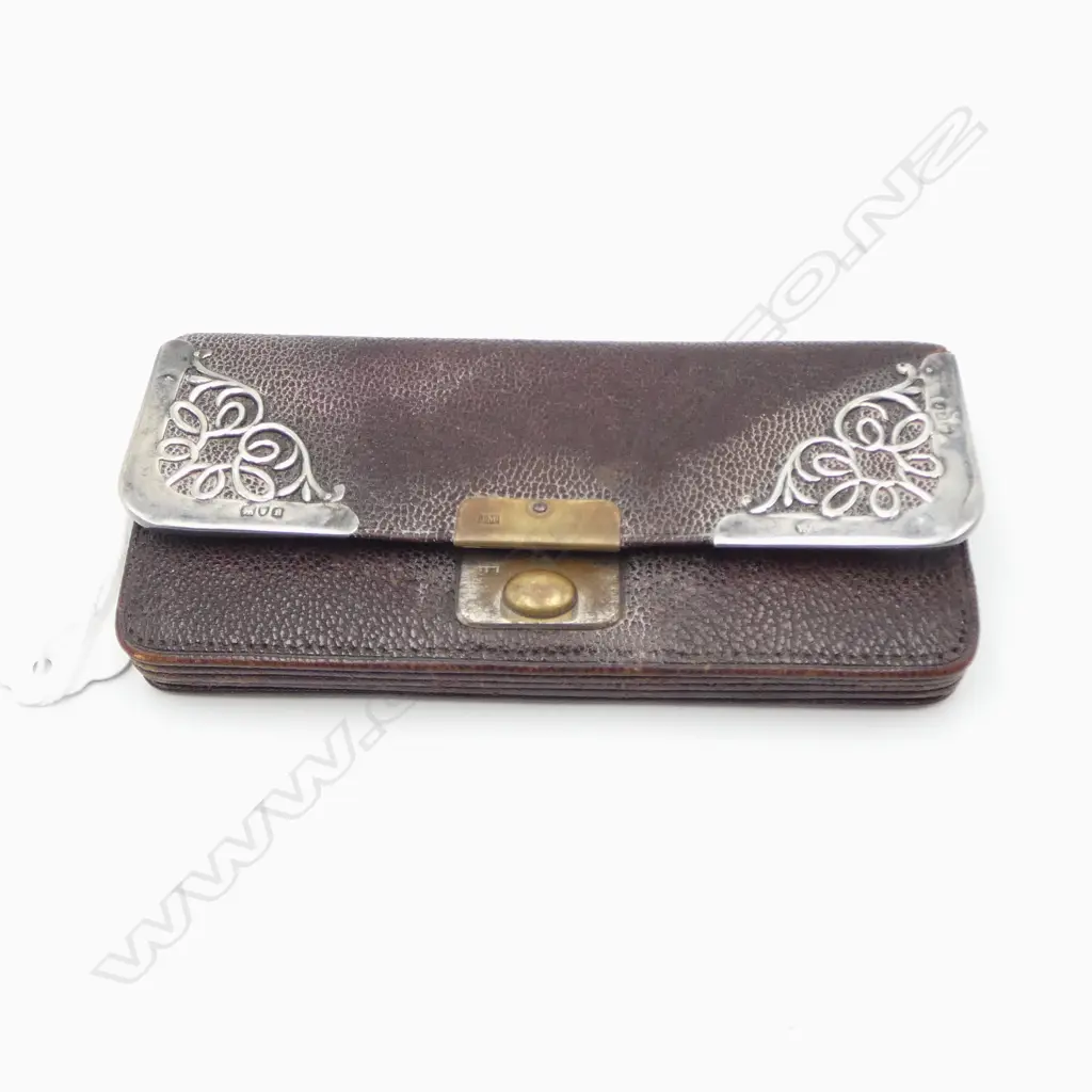 VICTORIAN LEATHER & STG SILVER PURSE W.120mm Image 1++