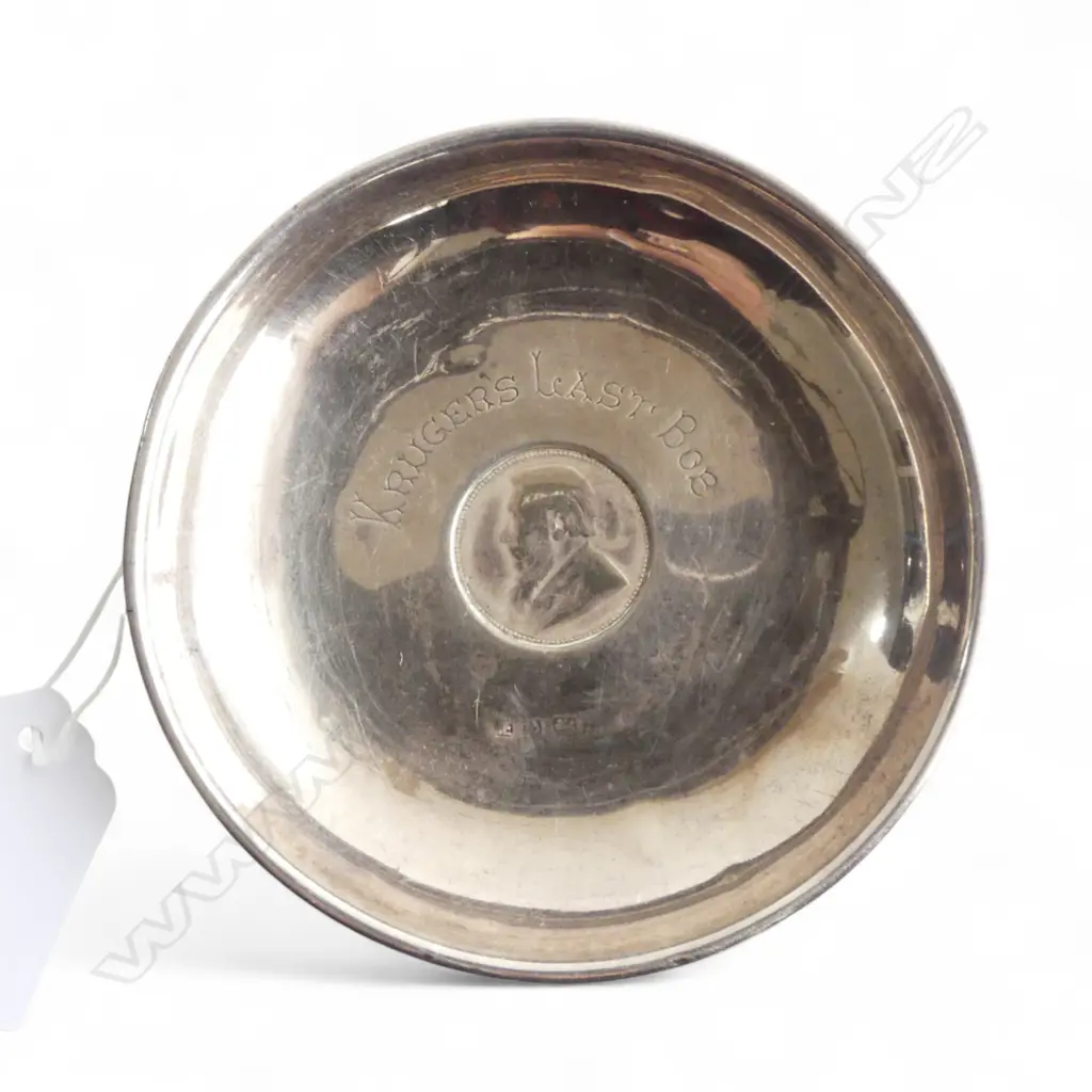 STG SILVER DISH w. 'KRUGERS LAST BOB' Z. AFRIK REP. 1 SHILLING 1896 COIN, 90mm dia, 40gms Image 1++