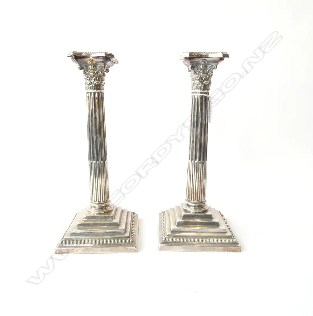PR OF SHEFIELD PLATE COLUMN CANDLESTICKS H290MM Image 1++