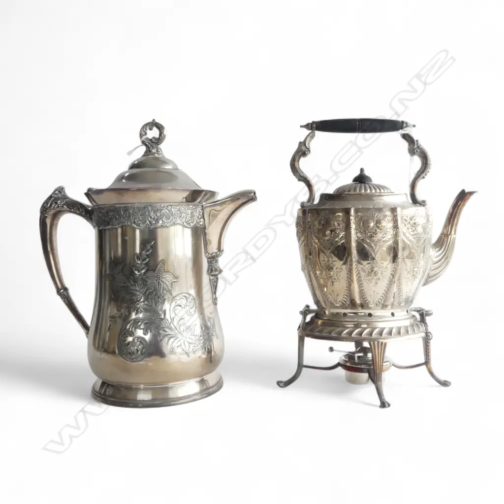 LGE C.1900 SILVER PLATE JUG (enamel lined interior) h,320mm + SPIRIT KETTLE with burner Image 1++