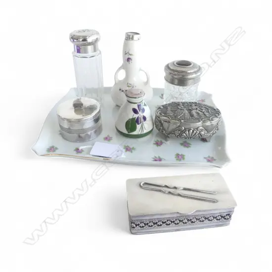 8 VANITY ITEMS 2 JARS, PERFUME, STG RIM VASE, TRINKET BOXES, TRAY