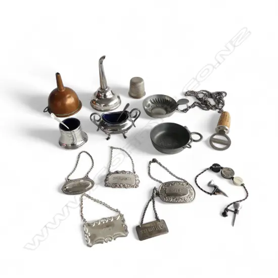 BAR ITEMS; DECANTER LABELS, TASTEVINS, FUNNELS ETC