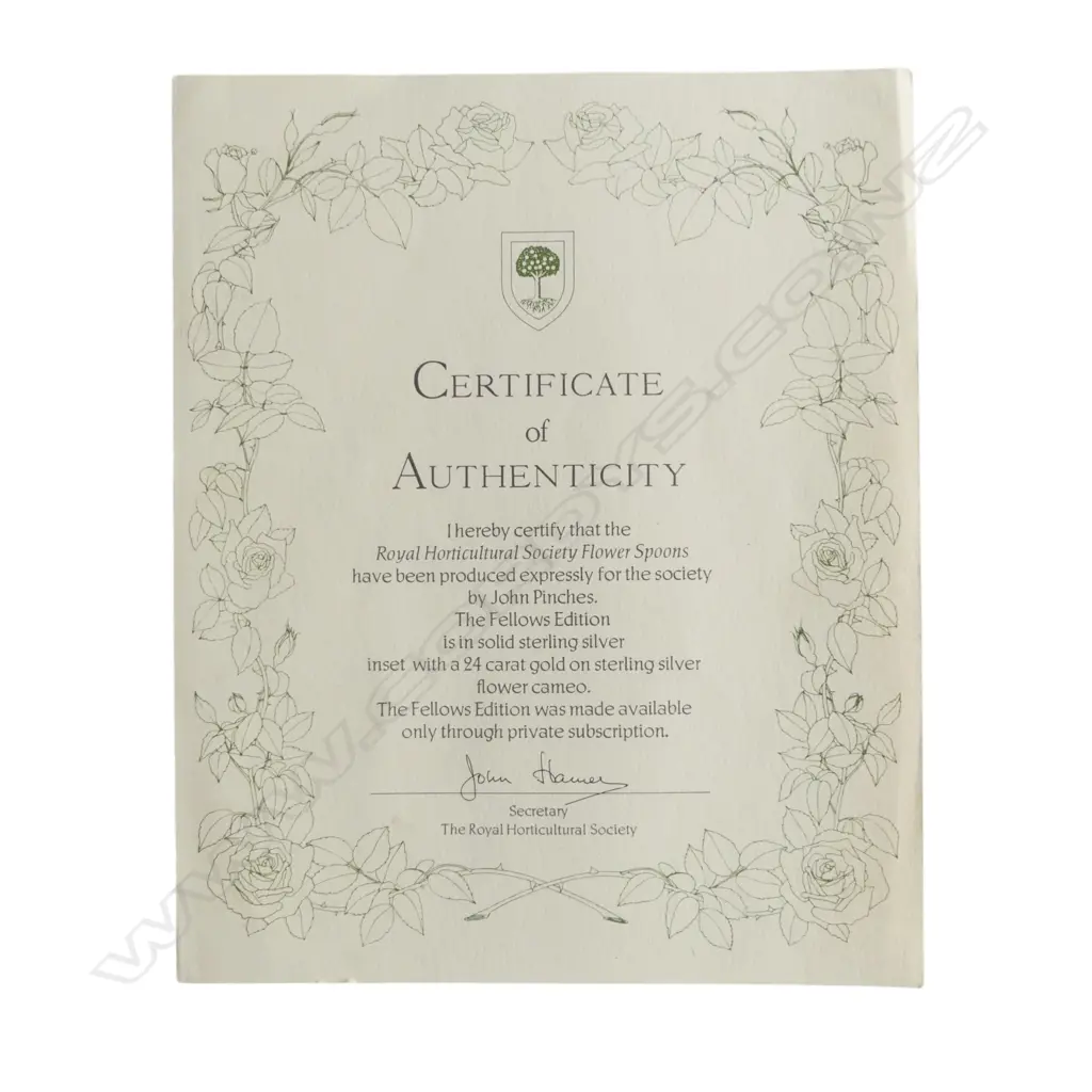 12 STG SILVER & 24CT INSET RHS FLOWER SPOONS, SHEFFIELD 1973 315gms, CASED W.480mm Image 1++