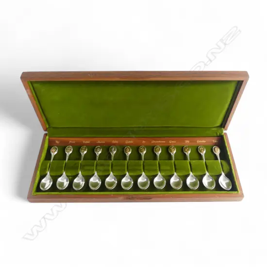 12 STG SILVER & 24CT INSET RHS FLOWER SPOONS, SHEFFIELD 1973 315gms, CASED W.480mm