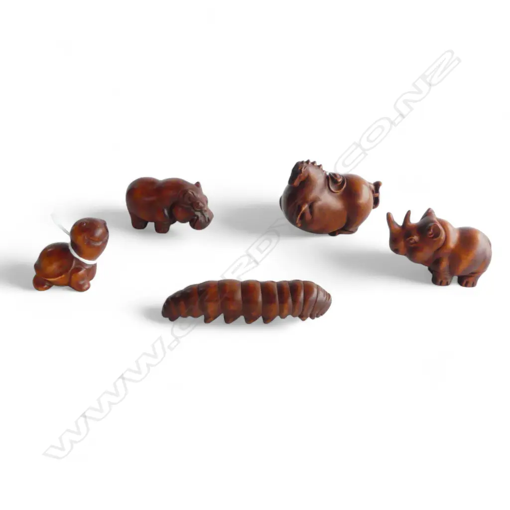5 ORIENTAL CARVED WOODEN ANIMALS L.100mm Image 1++