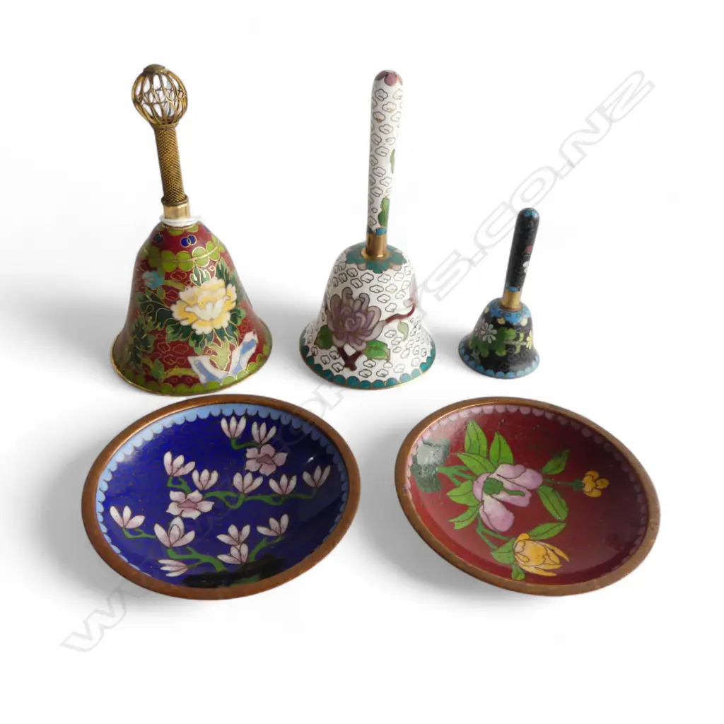 3 CLOISONNE BELLS + 2 PIN DISHES Dia.80mm Image 1++