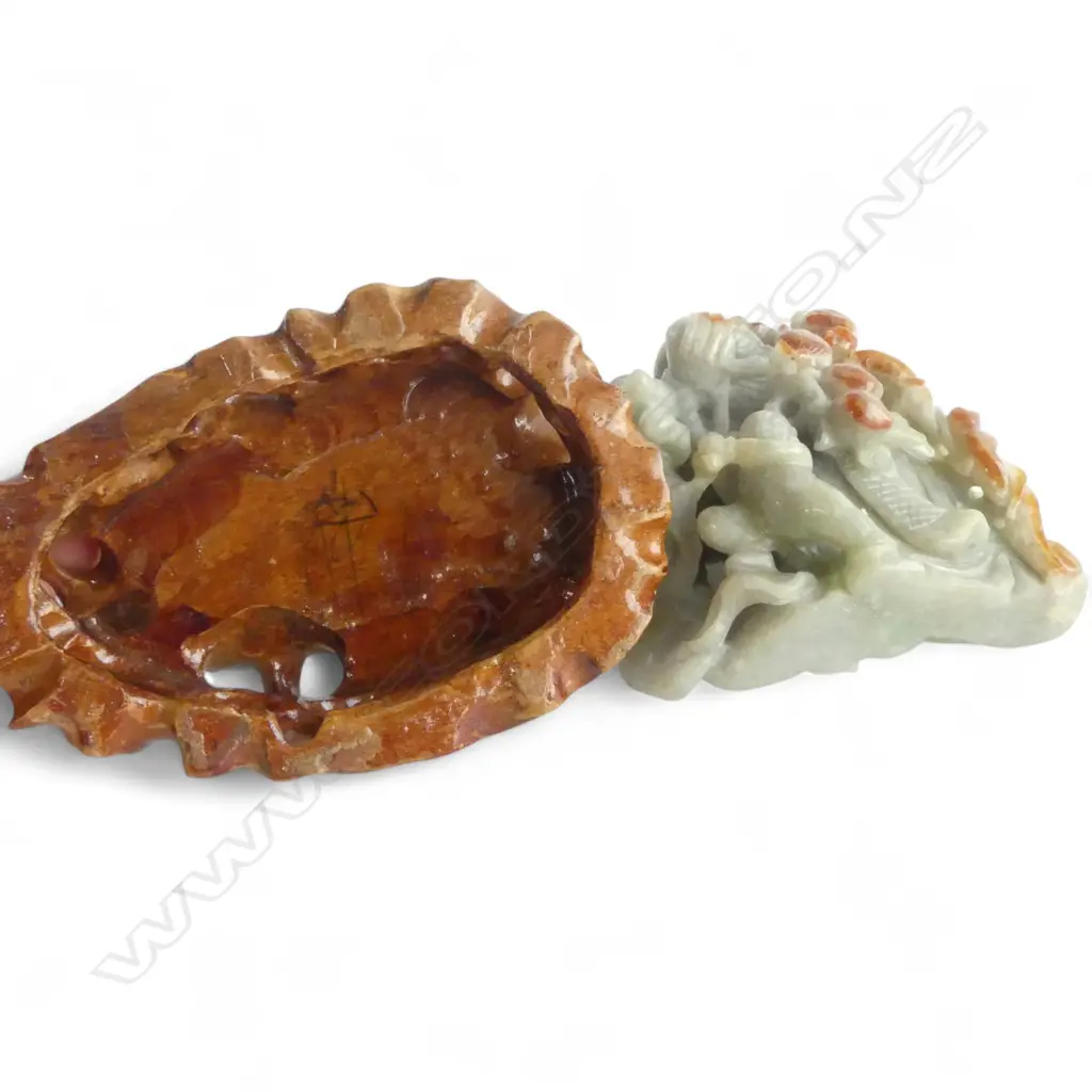 CHINESE CARVED GREEN JADE BUDDHA with red brown highlights on carved stand H.,165mm. Image 1++