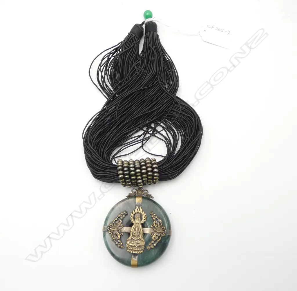 VINTAGE JADE AND PLATED KUAN YIN PENDANT ON MULTIPLE CORDS Image 1++
