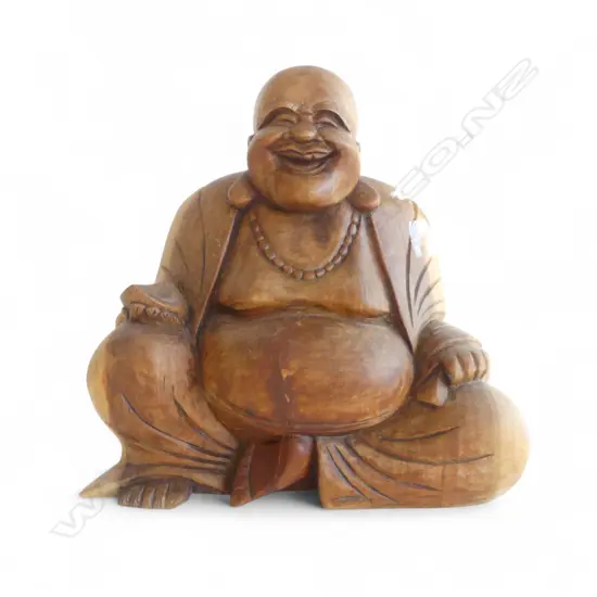 CARVED WOODEN LAUGHING BUDDHA H.190mm