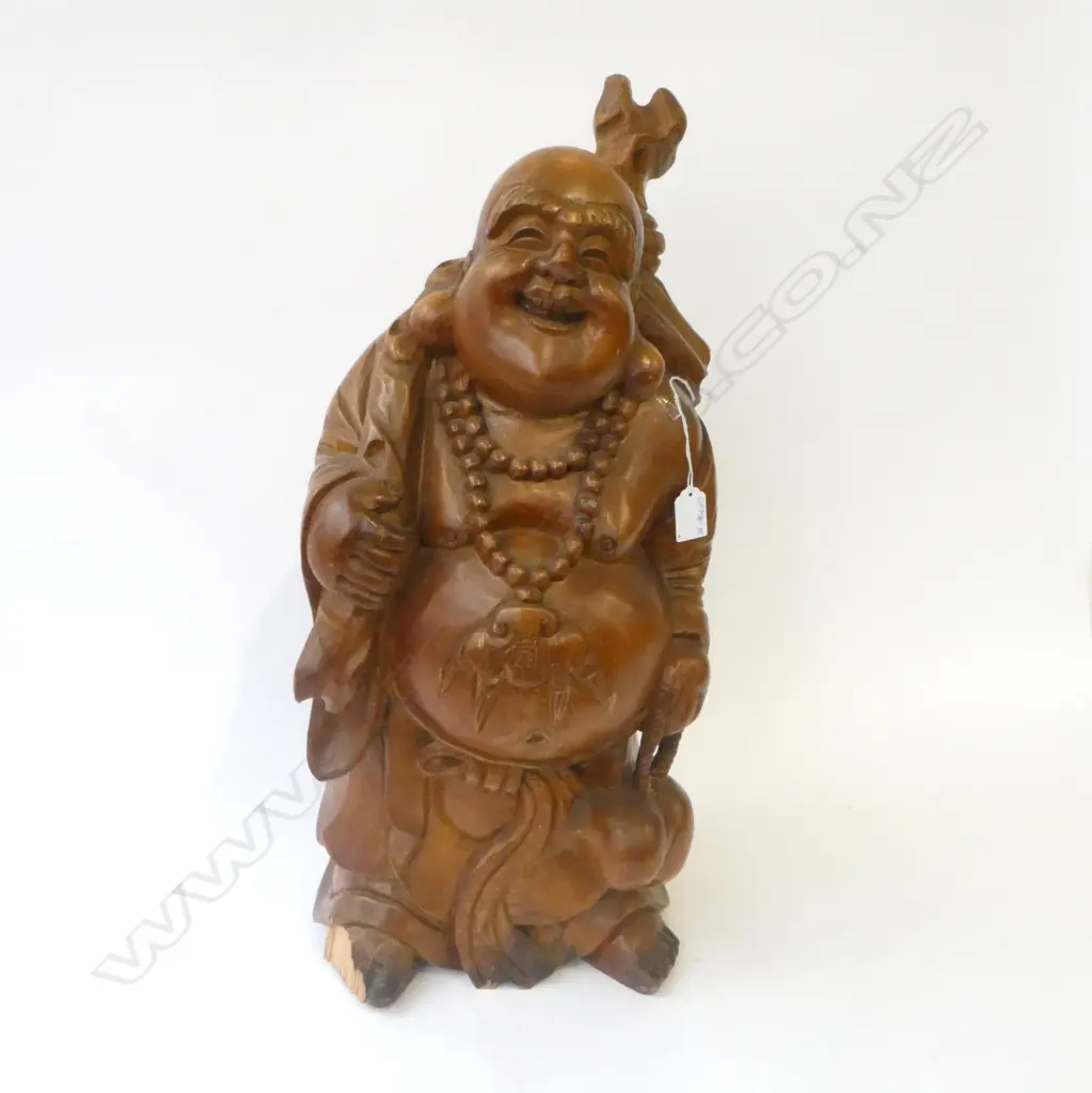 An early to mid 20thC Japanese large carved wood Hotei sculpture, Image 1++