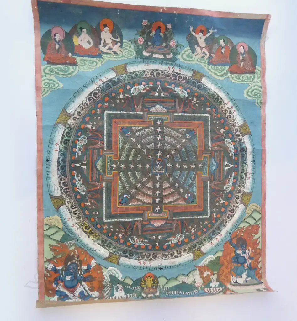 20thC HANDPAINTED THANGKA MANDALA 680x530mm Image 1++