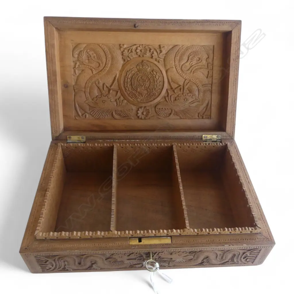 INTERESTING HEAVILY CARVED CHINESE CIGAR BOX INSIDE LID ROYAL ENGINEERS CARVED CREST GEORGE VI, WWII, 2 280 x 170 x 120m Image 1++
