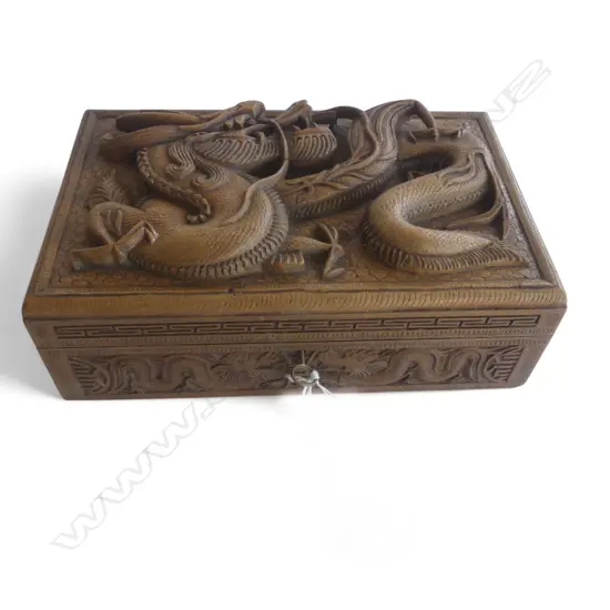 INTERESTING HEAVILY CARVED CHINESE CIGAR BOX INSIDE LID ROYAL ENGINEERS CARVED CREST GEORGE VI, WWII, 2 280 x 170 x 120m