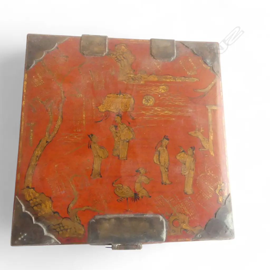 CHINESE RED LACQUER & GILT JEWELLERY BOX 205 X 200mm bronze or brass decorative mounts Image 1++