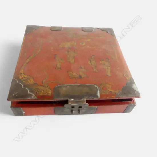 CHINESE RED LACQUER & GILT JEWELLERY BOX 205 X 200mm bronze or brass decorative mounts