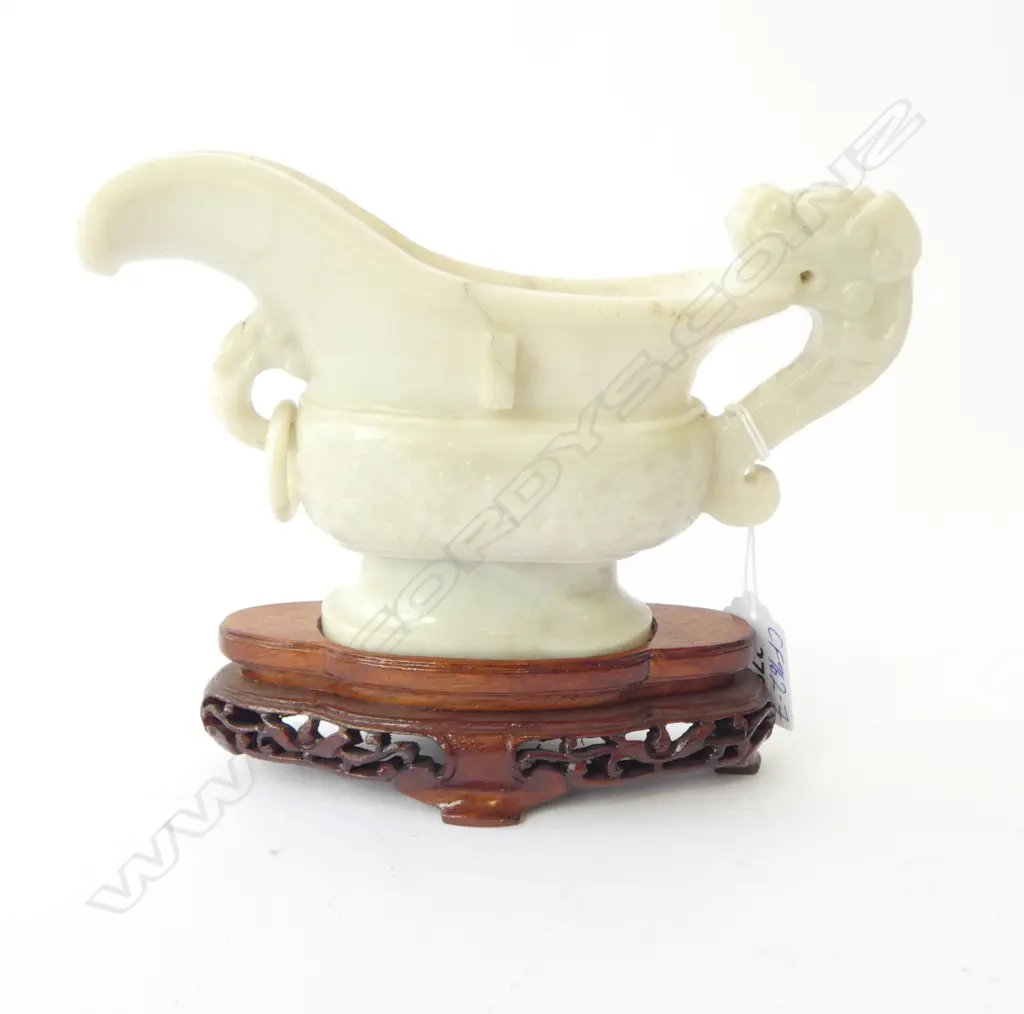 CHINESE WHITE JADE WINE VESSEL DRAGON HANDLE L.195mm ON STAND Image 1++