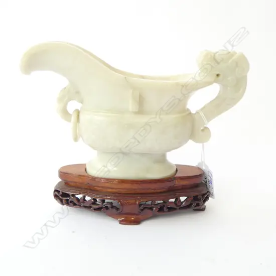 CHINESE WHITE JADE WINE VESSEL DRAGON HANDLE L.195mm ON STAND