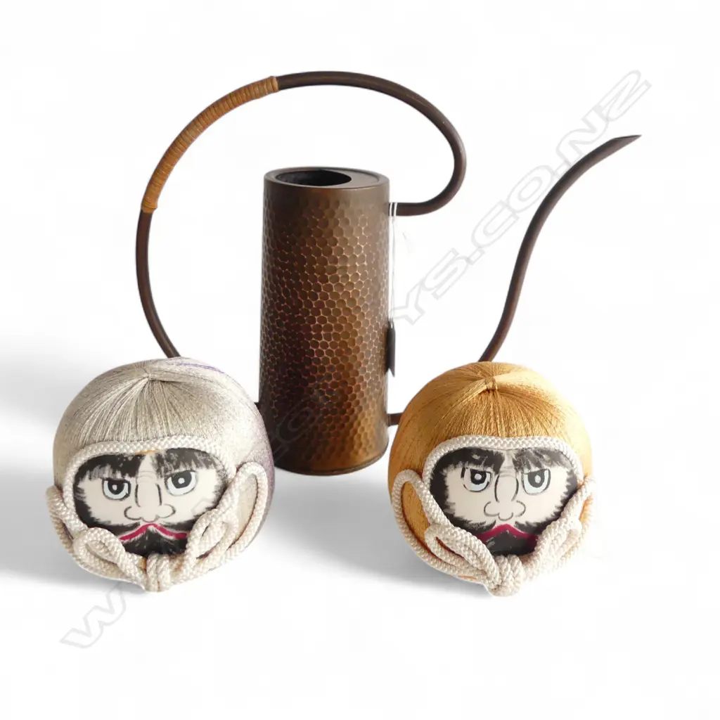 MID CENTURY JAPANESE BONSAI WATERING CAN & 2 SILK DARUMA HEADS (symbol of good luck) Image 1++