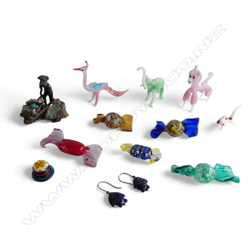 ASST. GLASS PCS; MURANO SWEETS & ANIMALS, EARRINGS & AUS. OPAL MINER SOUVENIR Image 1++