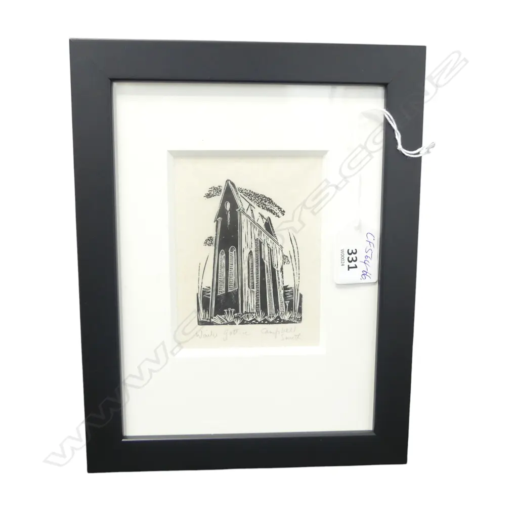Campbell Smith (NZ1925-) woodcut 'Waihi Gothic'. Signed & entitled. 105 x 75mm. Ex. The John Perry collection... Image 1++