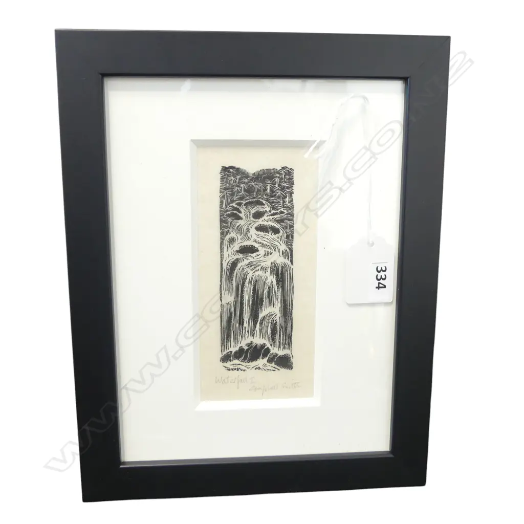 Campbell Smith (NZ1925-) woodcut 'Waterfall I'. Signed & entitled. 130 x 58mm. Ex. The John Perry collection... Image 1++