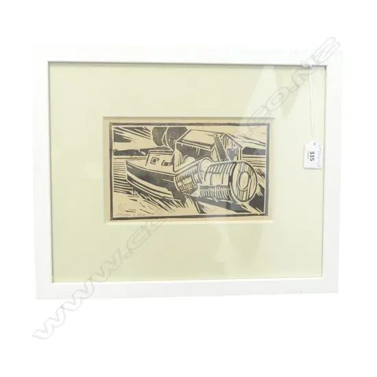 MINNIE WHITE Untitled (Wharf scene with boat) woodcut signed 117 x 195mm (some foxing, minor abrasion)