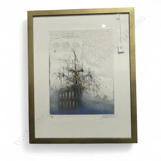 GEORGES DUSSAU (FRENCH b.1947) ABSTRACT COMPOSITION, COLOURED ETCHING 63/99 325x250mm