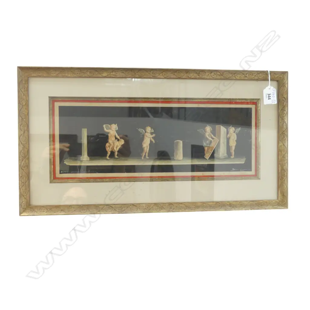 ORIGINAL OLD ITALIAN WATERCOLOUR ARTWORK AFTER POMPEII OF PUTTEE SIGNED, 150 x 400mm Image 1++