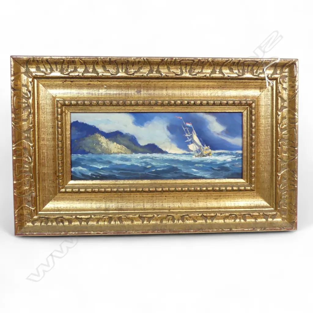 SMALL GILT FRAMED MARINE OIL SIGNED RICHARD BAKER H240 L350MM (From the Estate of Tommy Doyle) Image 1++