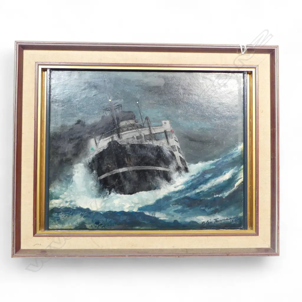OIL ON BOARD,  SHIP IN STORM BY COLIN TOMLINSON, H.290, W.360mm (From the Estate of Tommy Doyle) Image 1++