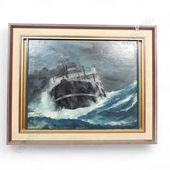 OIL ON BOARD,  SHIP IN STORM BY COLIN TOMLINSON, H.290, W.360mm (From the Estate of Tommy Doyle)