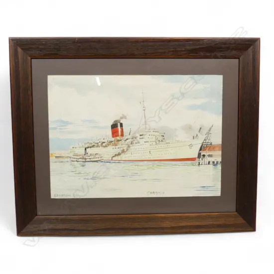 W/C: RMS CARONIA (CUNARD) & AUCKLAND FERRY BY ERIC A WATKIN (1895-1961), TITLED, SIGNED & DATED 1951. H.270 W.380mm (From the Estate of Tommy Doyle)