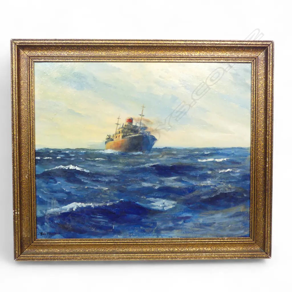 OIL ON BOARD CARGO SHIP ON WINDY SEA SIGNED FURNESS H450 W540MM (From the Estate of Tommy Doyle) Image 1++