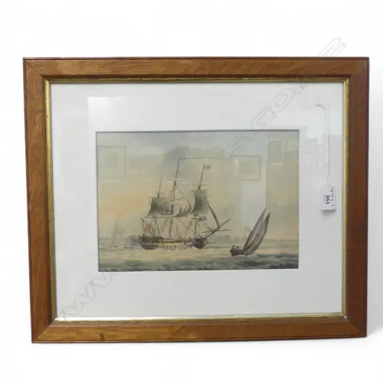 SCHOOL OF SAMUEL ATKINS - H.M.S ? RUNNING OUT OF PORTSMOUTH HARBOUR EARLY 19TH C. W/C 180 X 265MM 
